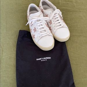 YSL white leather sneakers w light pink stars